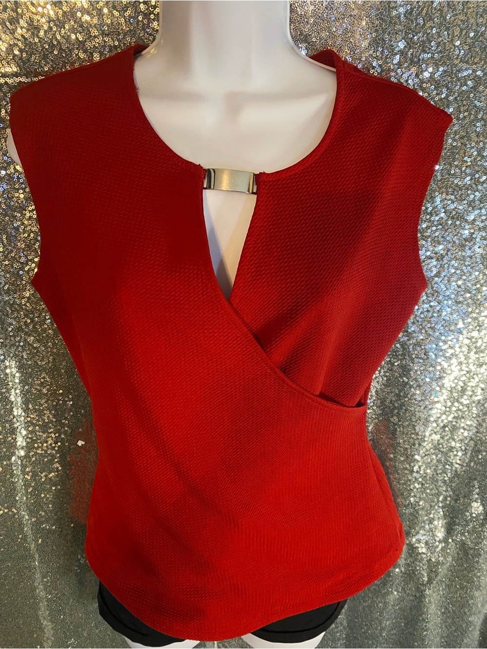 Mandy Evans Red Structured Stretch Blouse-Sleek Bodycon Career 2 Cocktail Top-M.